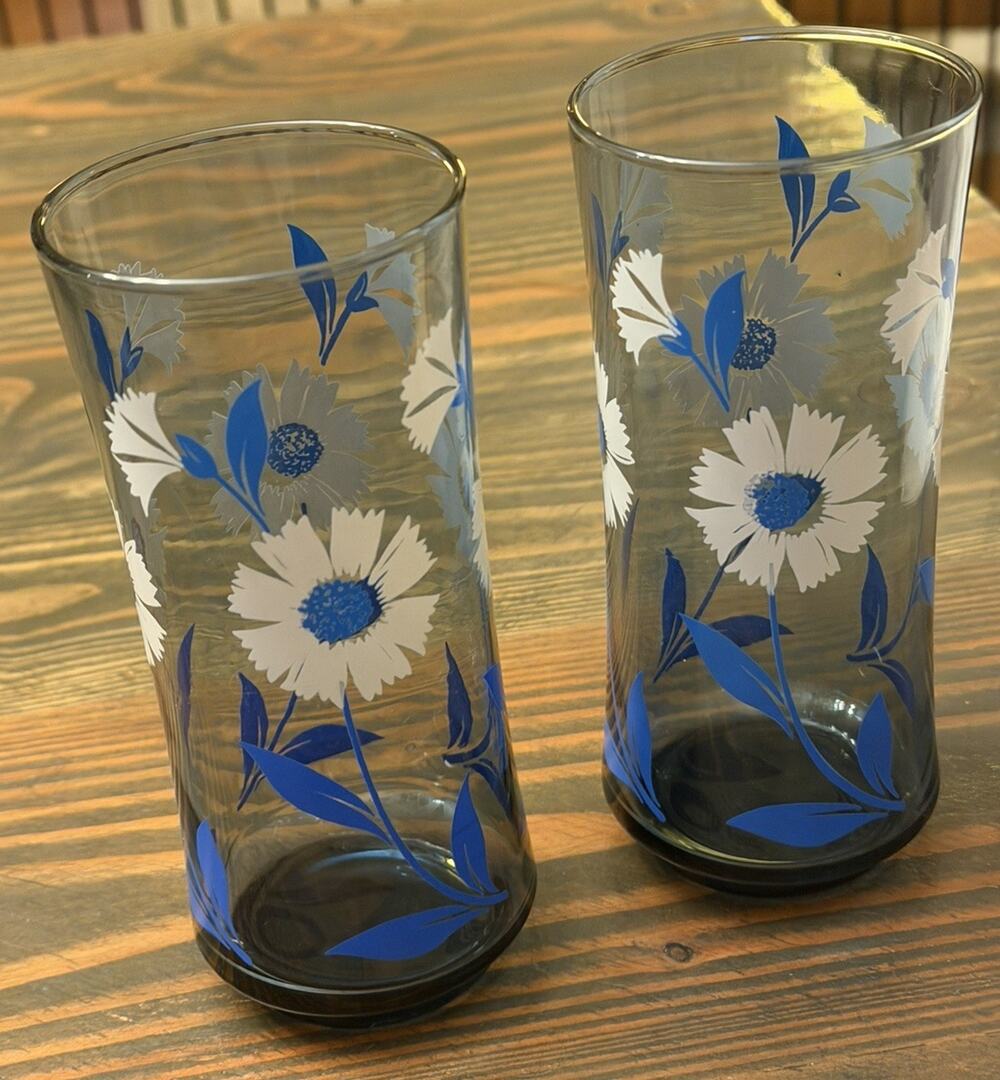 Vintage MCM Drinking Glasses Libbey Smoky Blue Daisy 6” SET Of 2 3970/63